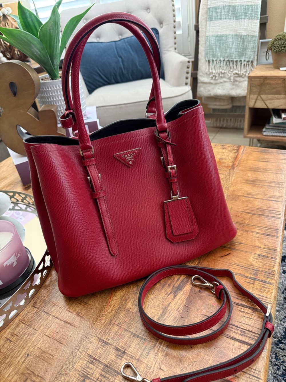 Prada Red Saffiano Leather Tote with Removable Strap